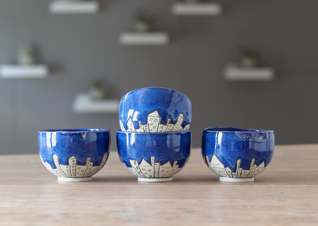 Tea Bowl - Medium - White Clay w Blue Glaze